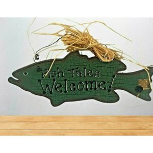 Fish Tales Welcome Wooden Green Fish Hanging Sign Home Decor Cabin Decoration